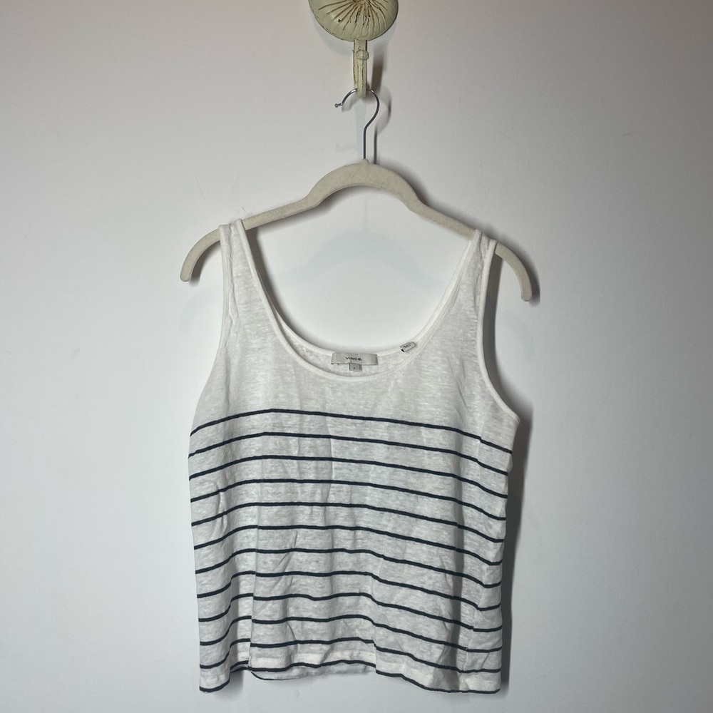 Vince Breton White and Blue Scoop Neck Sleeveless Tank Top